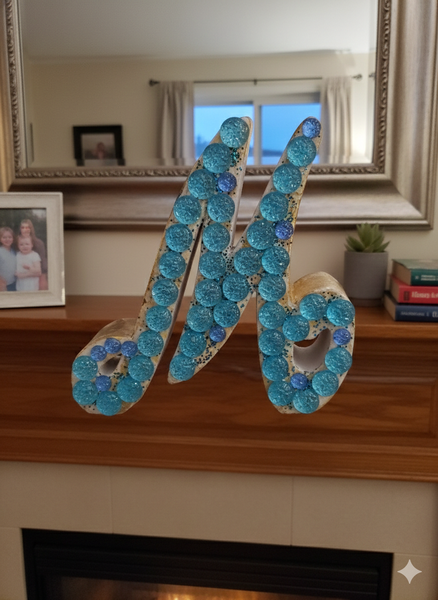 8 Inch Hand-Artisan Aqua Resin & Wood Script Monogram – Letter M